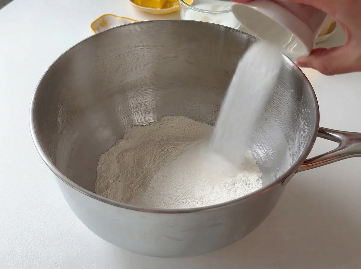 Dry and wet ingredients being poured into a large metal mixing bowl.