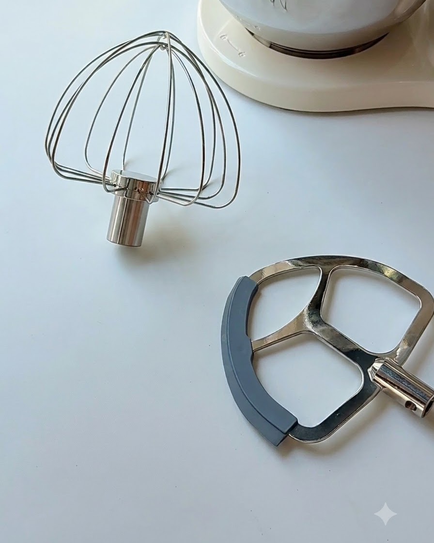 A stand mixer whisk attachment and a dough hook attachment resting on a white table.