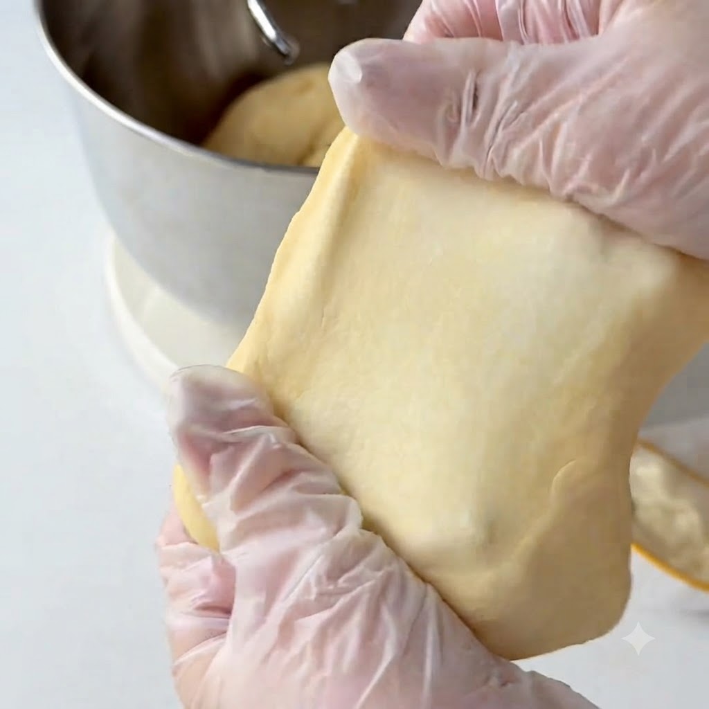Gloved hands stretching a piece of yellowish dough to test gluten development.