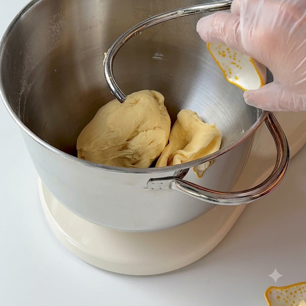 Softened butter and cream cheese being added into the mixing bowl with the dough.