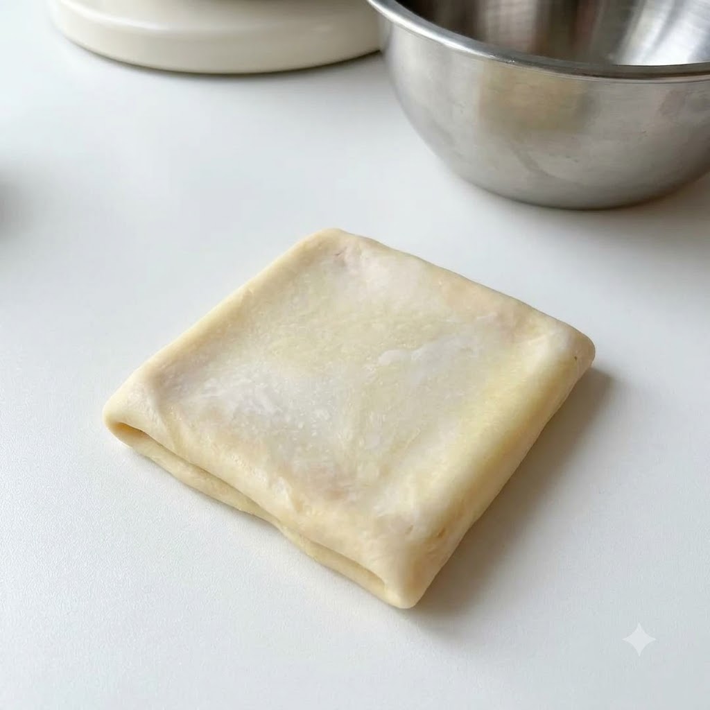 A square-folded piece of smooth dough resting on a white surface next to a metal bowl.