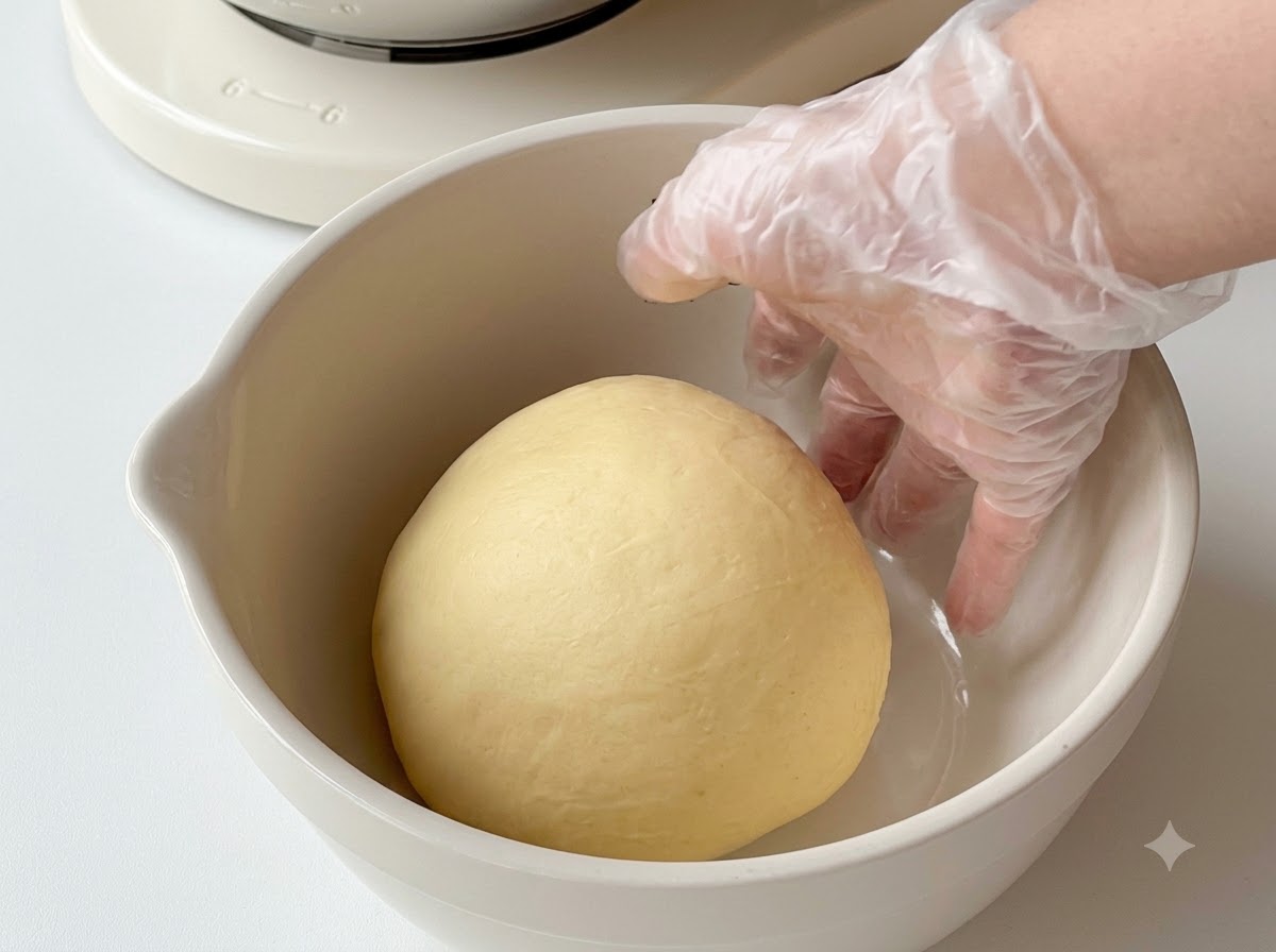 A hand in a clear glove shaping a smooth round ball of dough inside a mixing bowl.