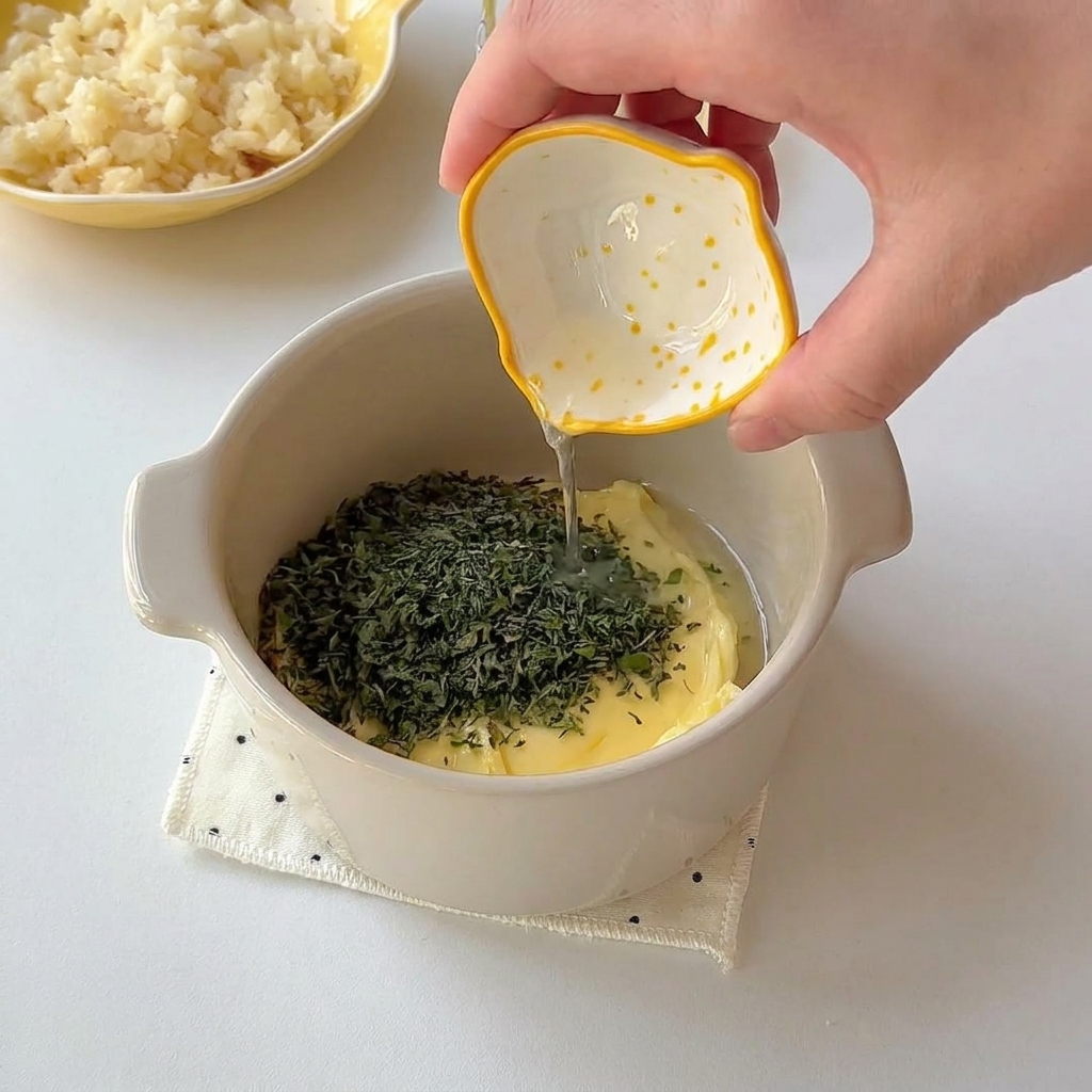 A small container with softened butter and chopped parsley, with a small bowl pouring lemon juice over them.