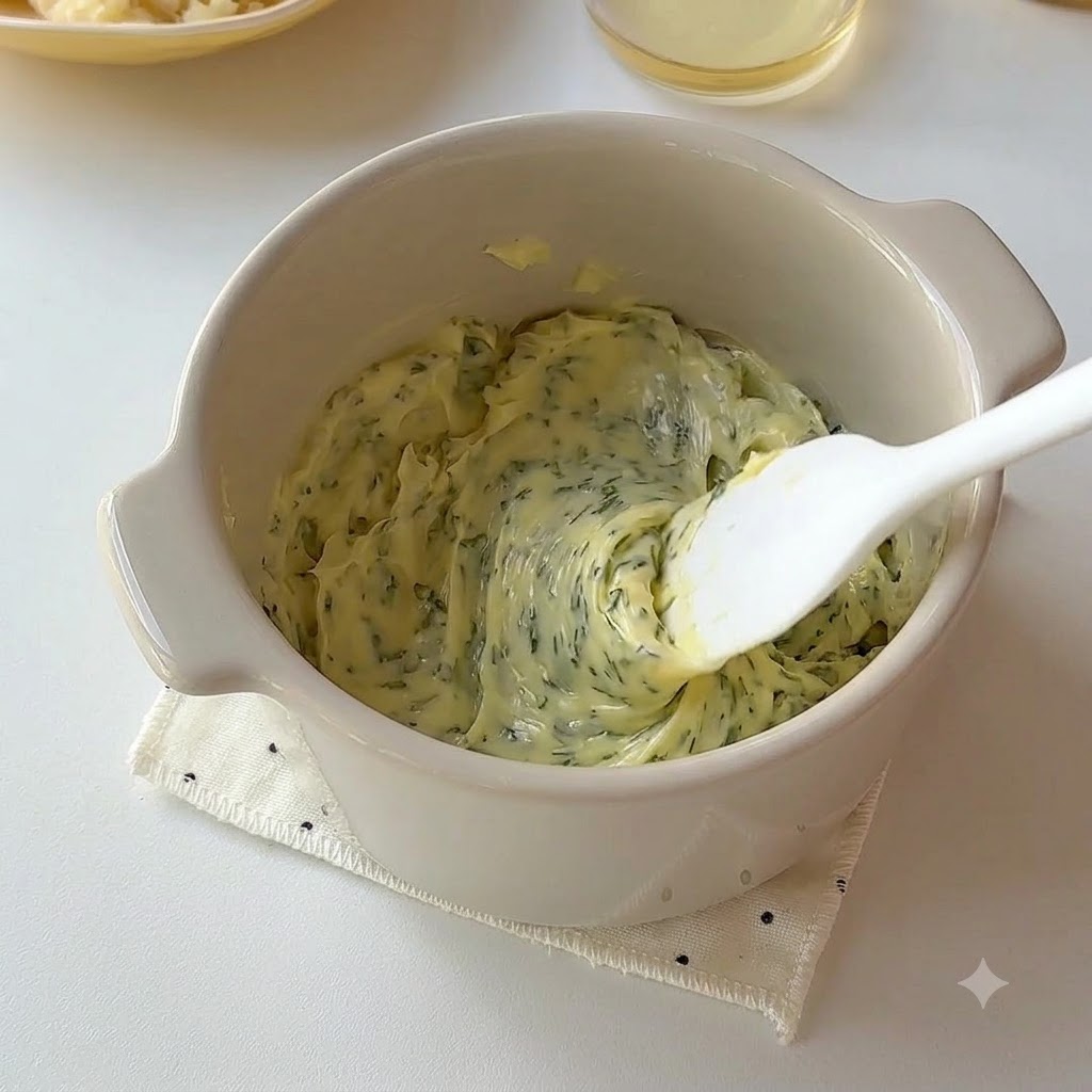 Honey and minced garlic being thoroughly stirred into the softened butter and parsley mixture in a ceramic bowl.