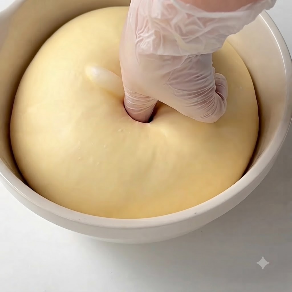 A gloved finger pressing into a large, smoothly rounded ball of fermented dough in a mixing bowl.