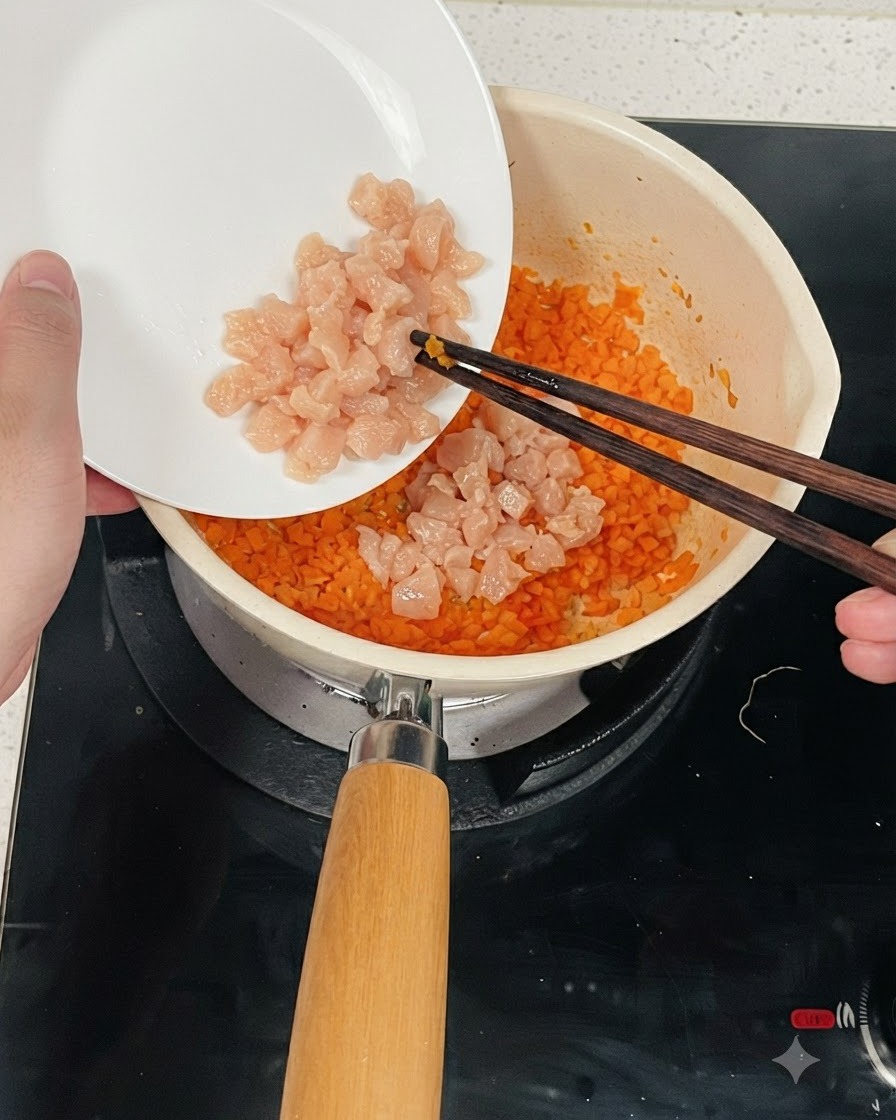 Marinated chicken mince being poured from a white plate into a pot of chopped carrots using chopsticks.