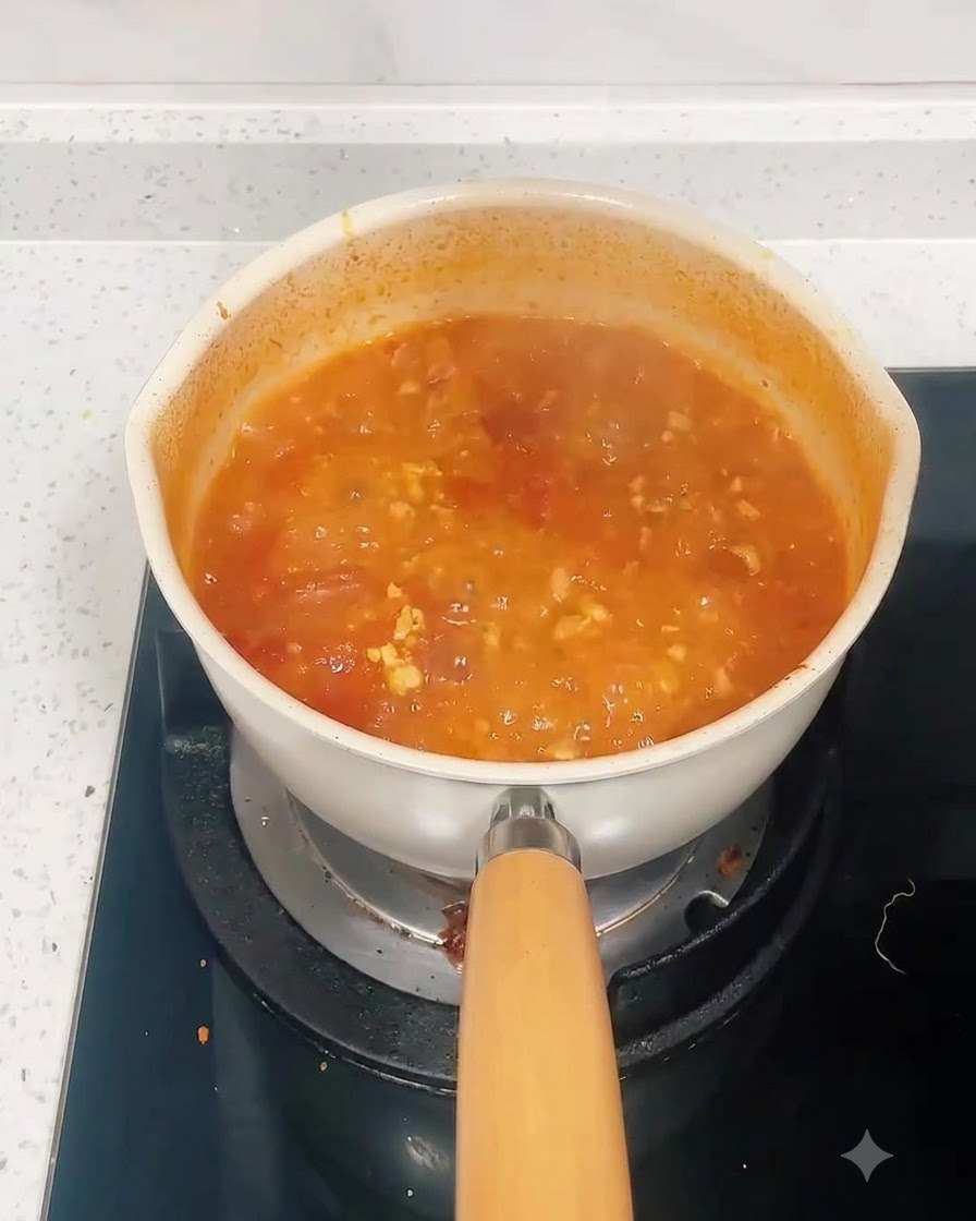 Dry spaghetti noodles submerged in a pot of simmering red tomato meat sauce.