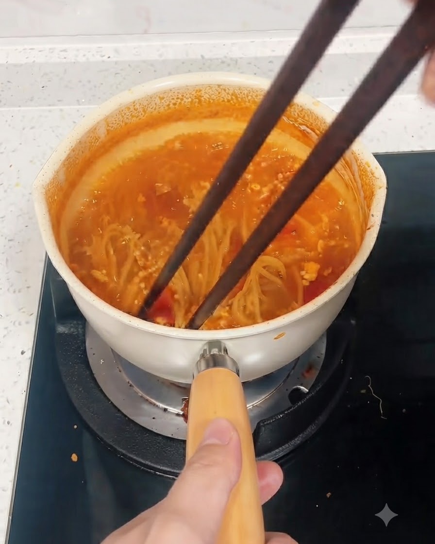 A pair of dark chopsticks mixing spaghetti noodles into a pot of simmering red sauce.