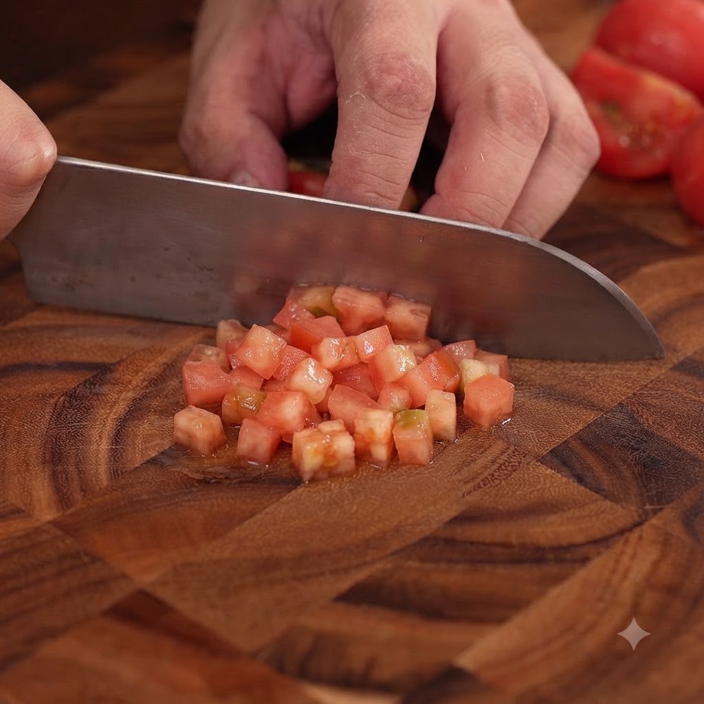Peeled fresh tomatoes being chopped into small cubes with a large knife on a wooden board.