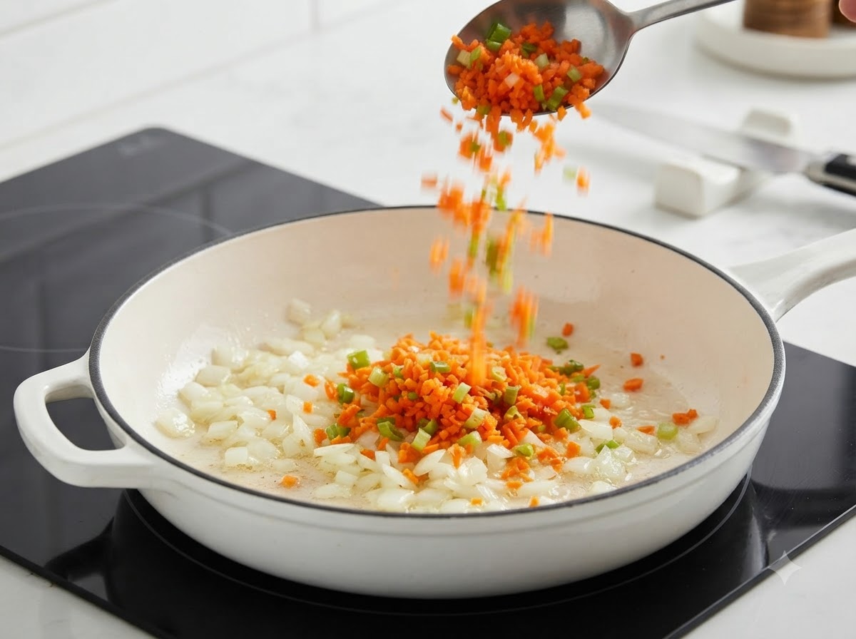 Finely diced carrots and celery being dropped from a spoon into a pan with sautéed onions.