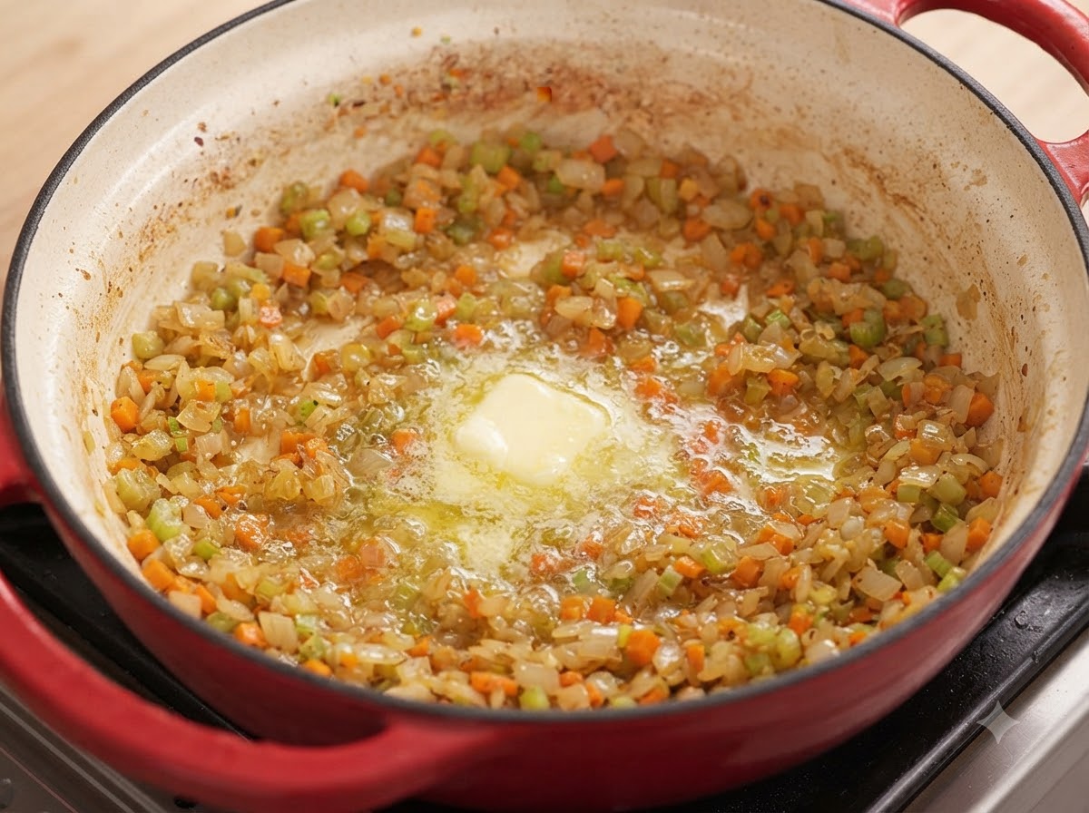 A knob of butter melting in the center of a pan filled with sautéed diced vegetables.