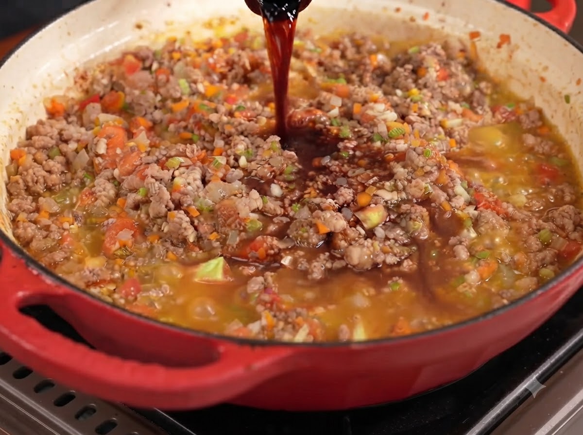 Red wine being poured from a bottle into a large red pot filled with meat and vegetable mixture.