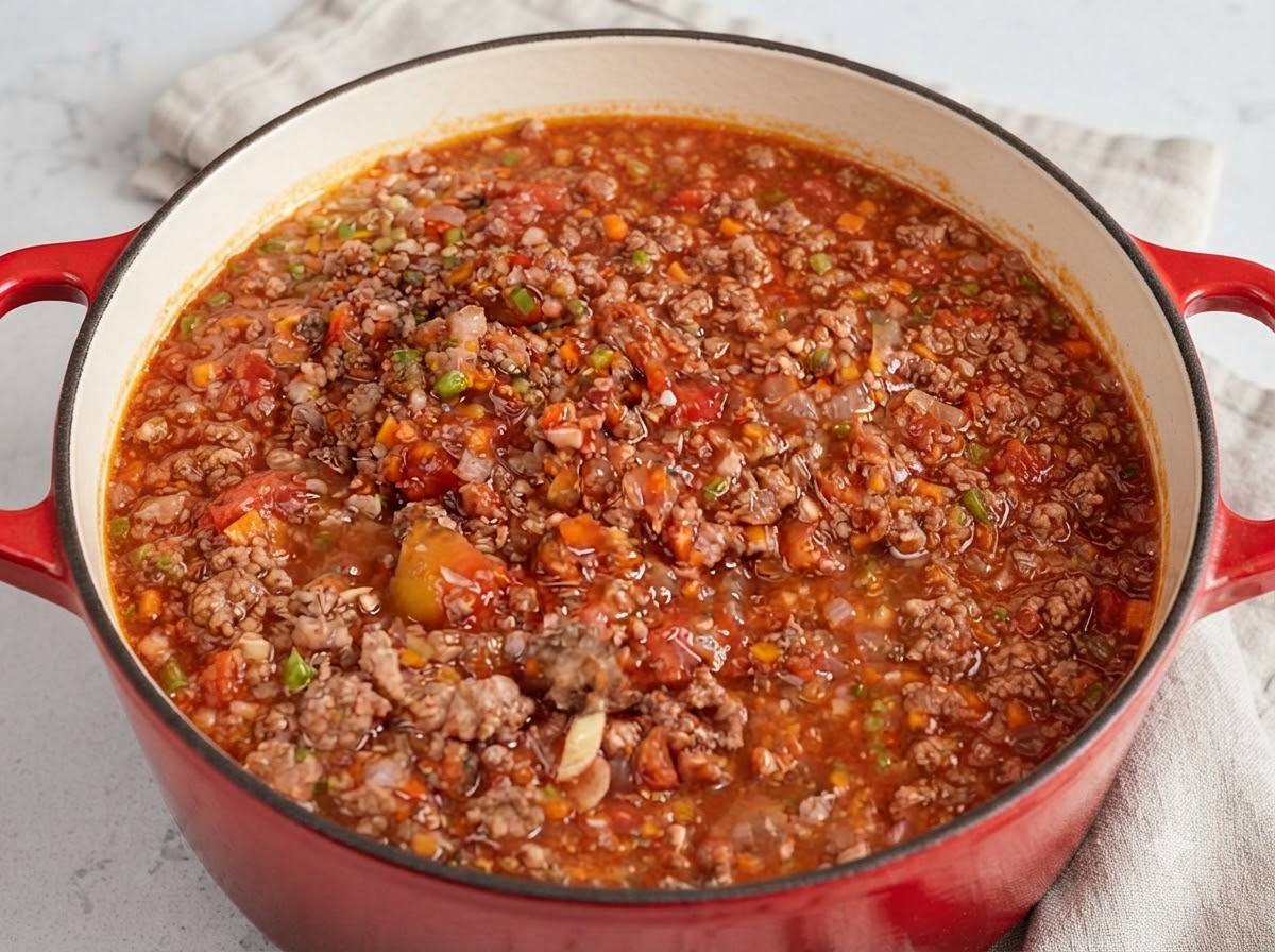 A large pot filled with simmering Italian Bolognese sauce bubbling gently.