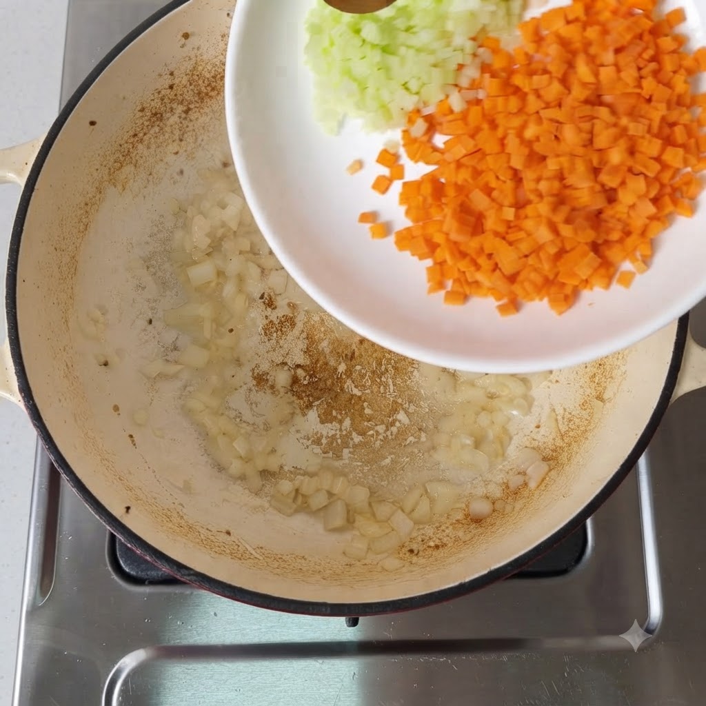 Diced carrots and celery being poured into the pan with onions.
