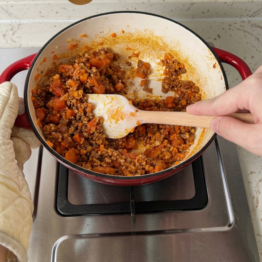 Dry red wine and boiling water being mixed into the simmering meat sauce.