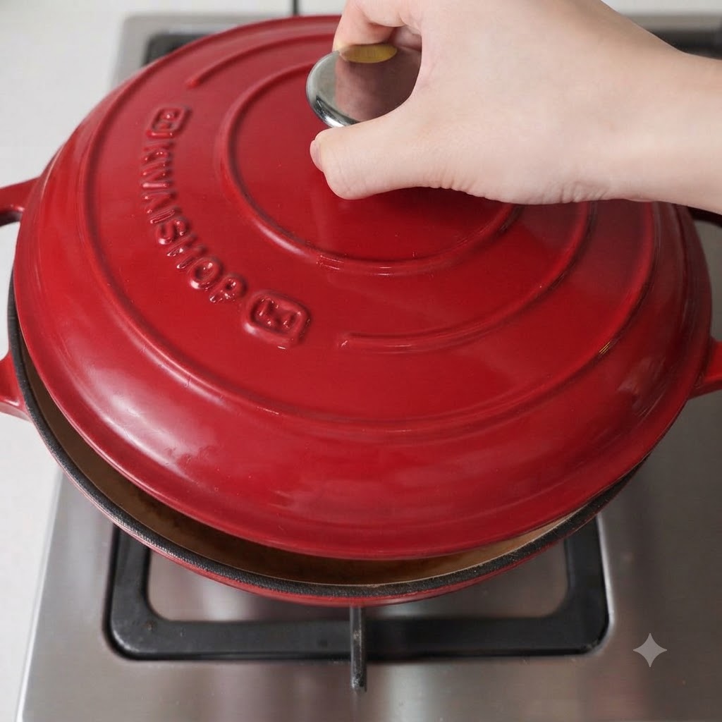 A red cast-iron pot with its lid partially closed, simmering on a stovetop.