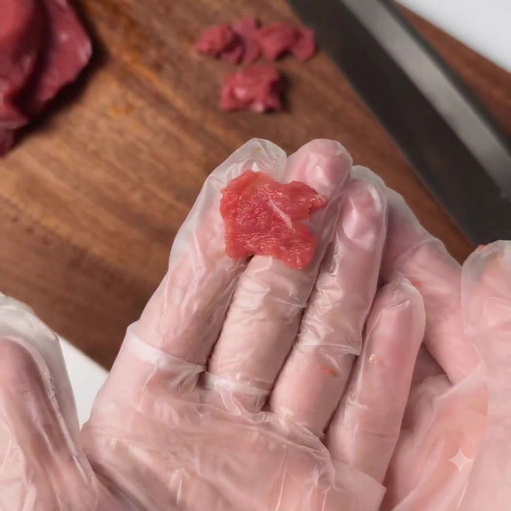 Thin slices of raw red beef tenderloin held in a gloved hand above a wooden cutting board with a knife nearby.