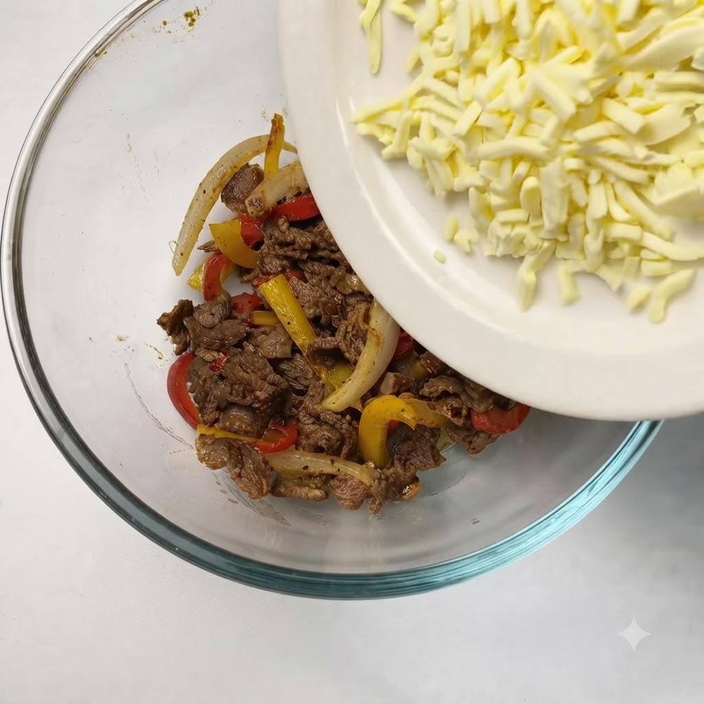 Shredded mozzarella cheese being poured from a white plate into a glass bowl with cooked beef and vegetables.