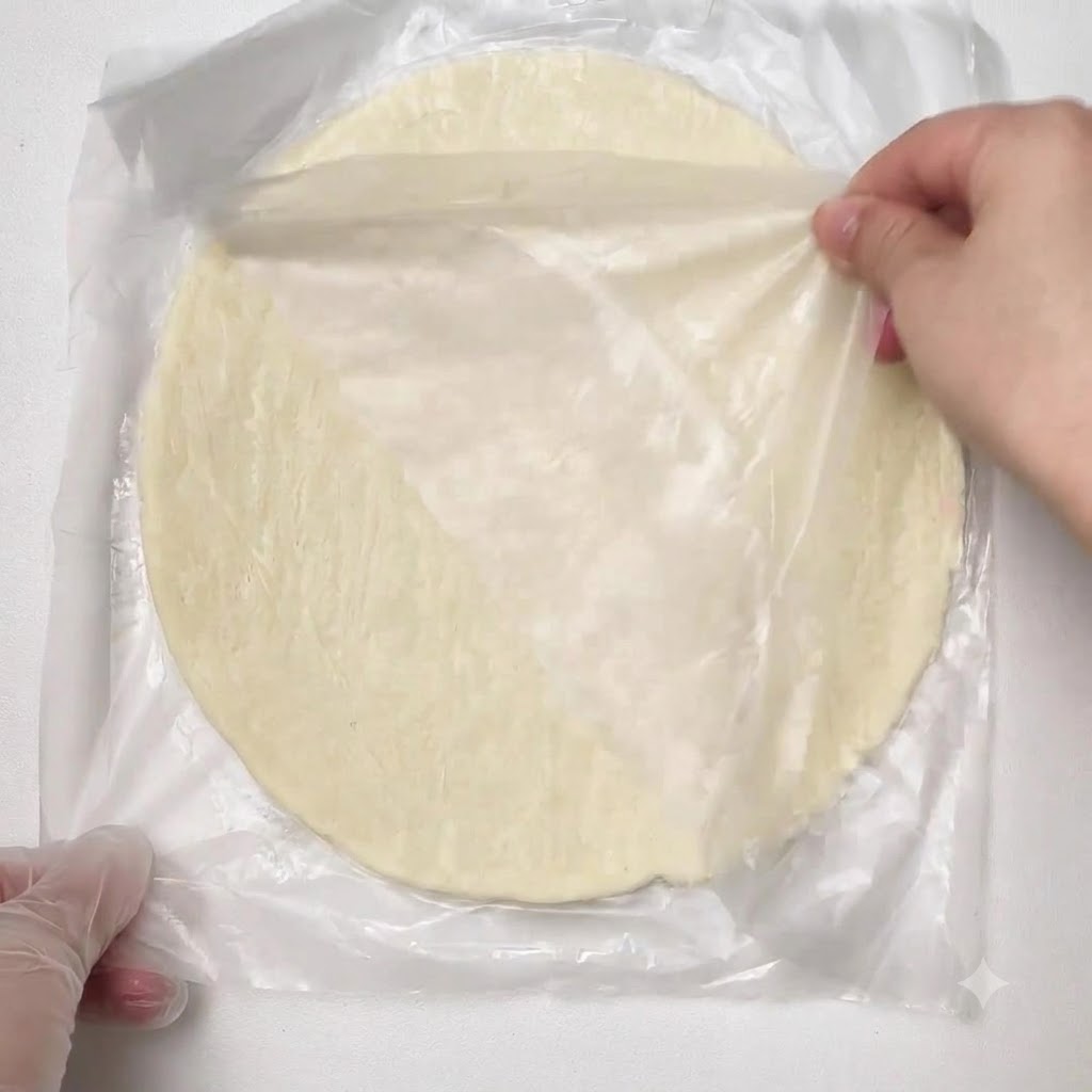 Thawed round flat pastry dough placed flat on a plastic film sheet with hands adjusting the edges.