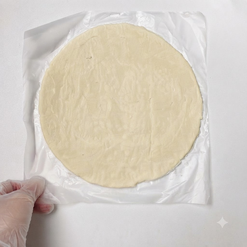 A portion of cooked beef and cheese filling placed in the center of the round pastry dough.
