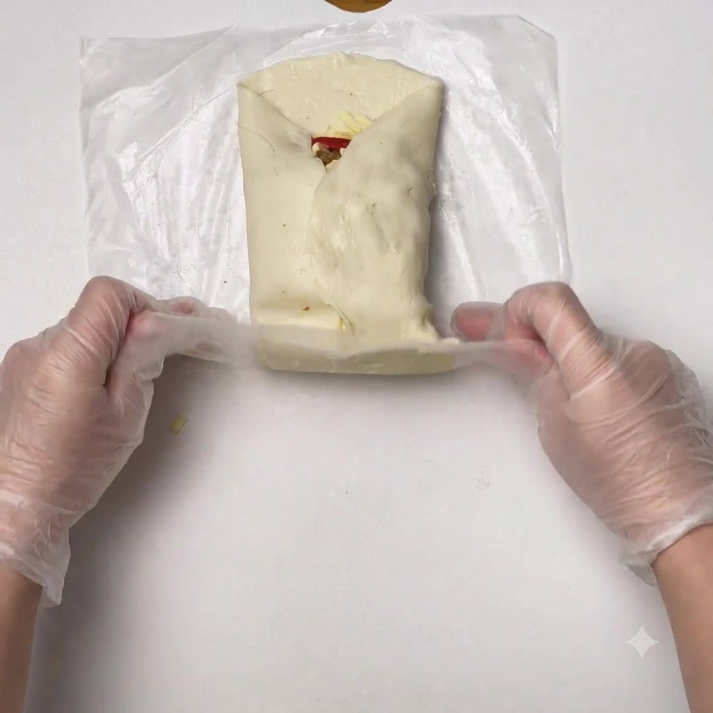 Hands using plastic film to fold and wrap the edges of the pastry dough around the filling.