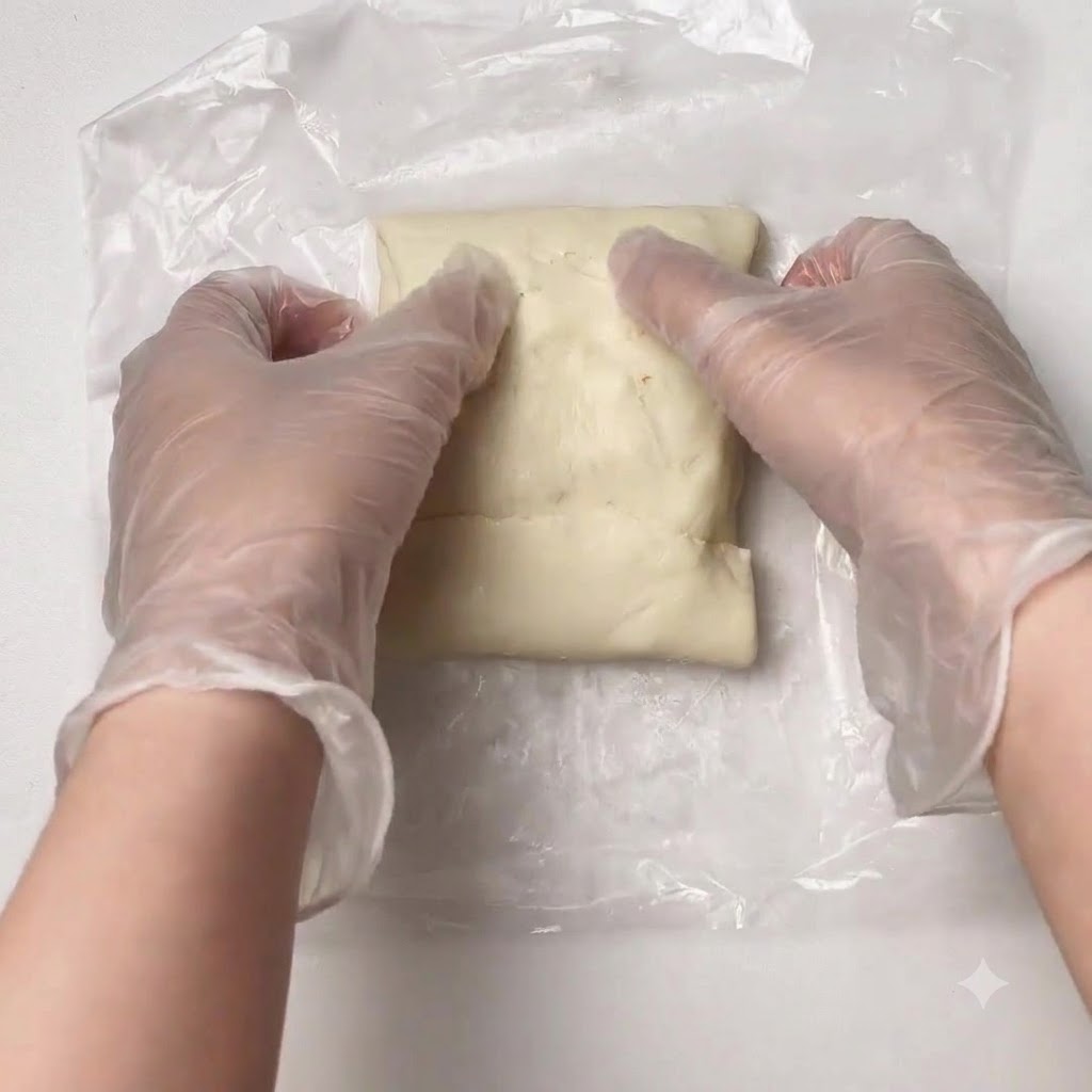 The wrapped pastry roll inside the air fryer basket being brushed with egg yolk and sprinkled with sesame seeds.