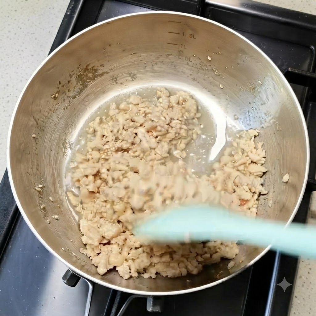 Cooked minced chicken being stirred in a metal pan with a green spatula.