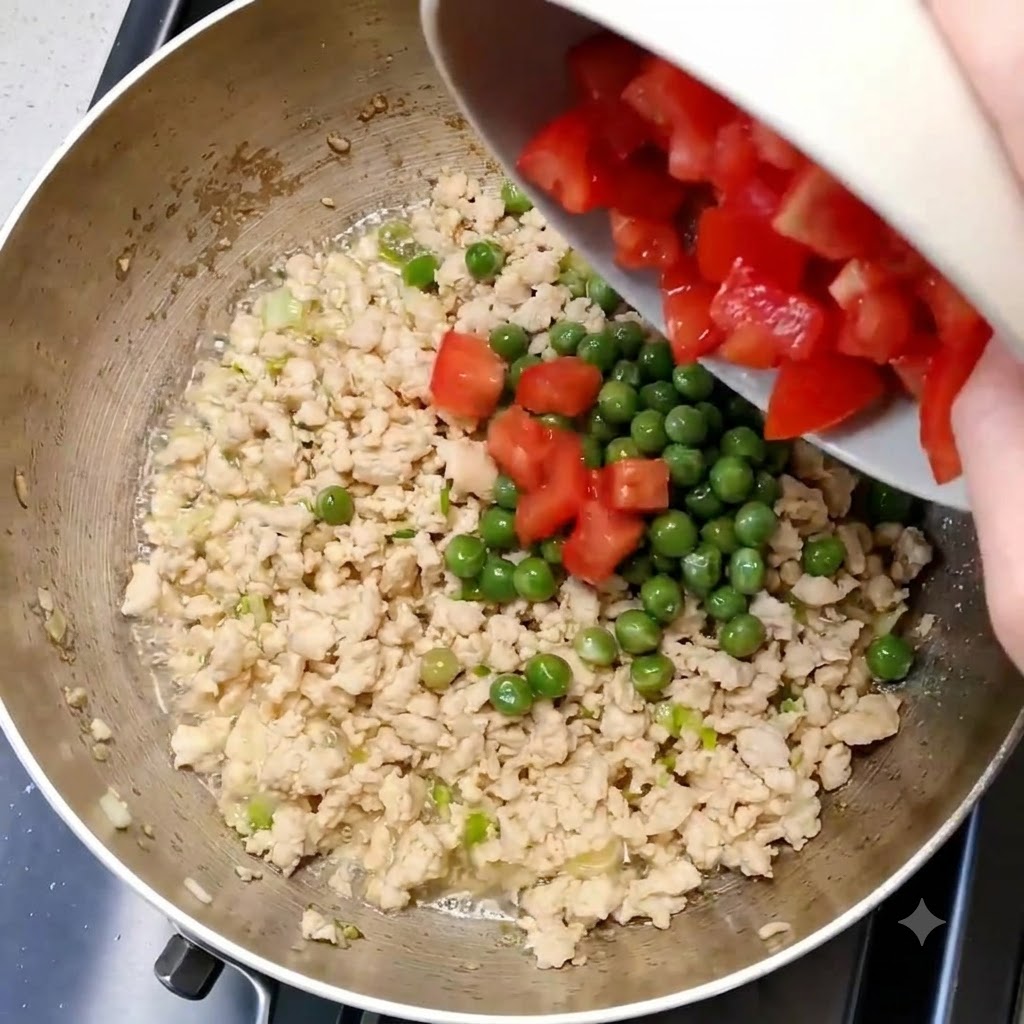 Diced tomatoes being poured from a plate into the pan of ingredients.