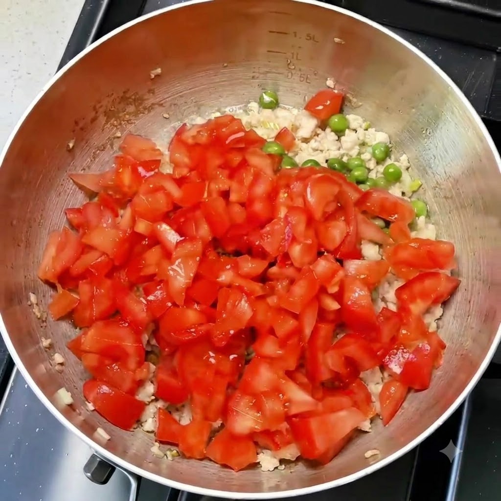 A spoonful of salt being sprinkled over the ingredients inside the cooking pan.