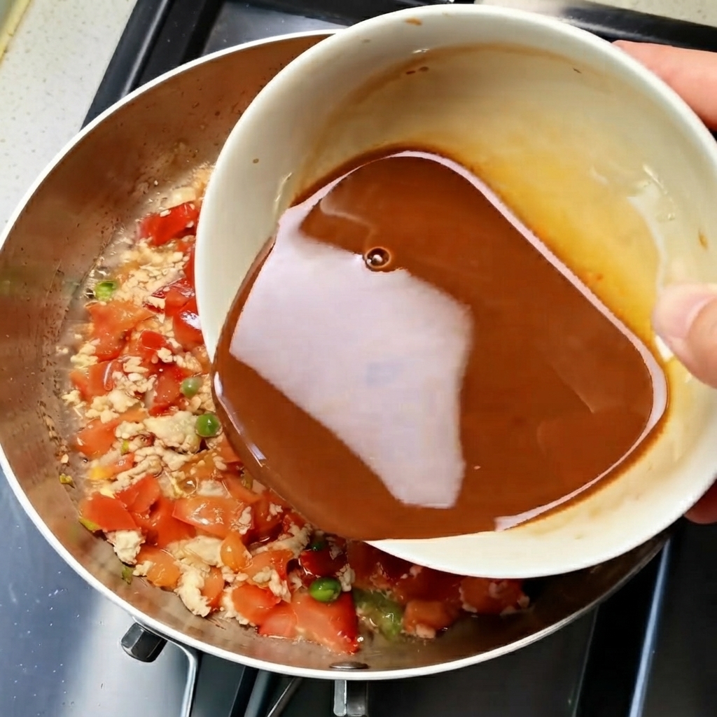 Pre-mixed brown sauce being poured from a white bowl into a skillet filled with cooked minced meat, tomatoes, and peas.