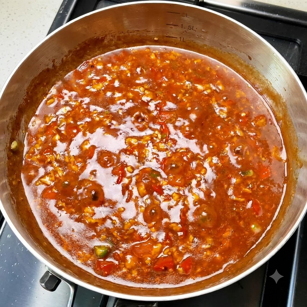 A pan filled with a simmering, rich tomato and meat sauce bubbling on the stovetop.
