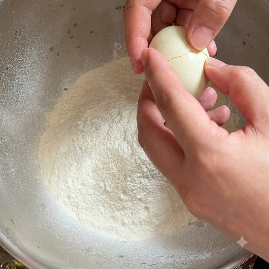 Eggs being cracked into a large metal bowl filled with flour for making pasta dough.