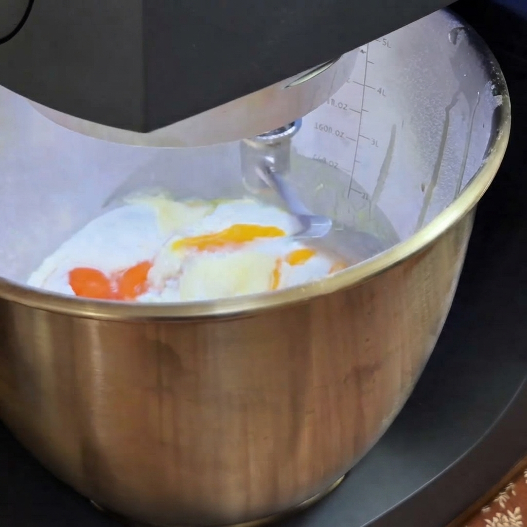 A stand mixer kneading pasta dough ingredients inside a stainless steel bowl.