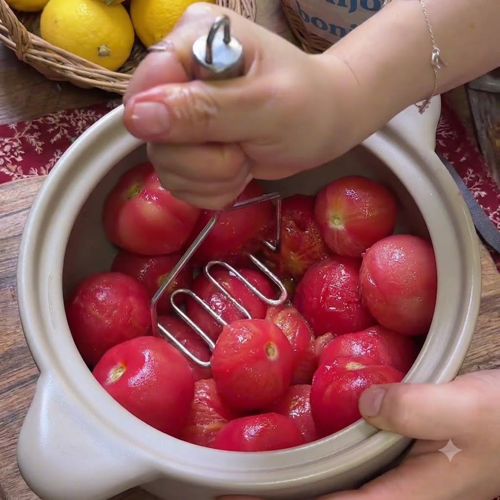 Hands using a metal hand tool to mash roasted red tomatoes inside a beige ceramic pot.