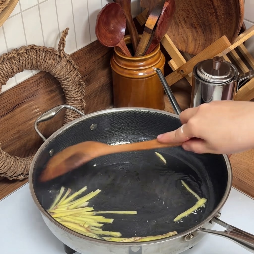 Minced meat and ginger slices being stir-fried in a large stainless steel pan using a wooden spatula.
