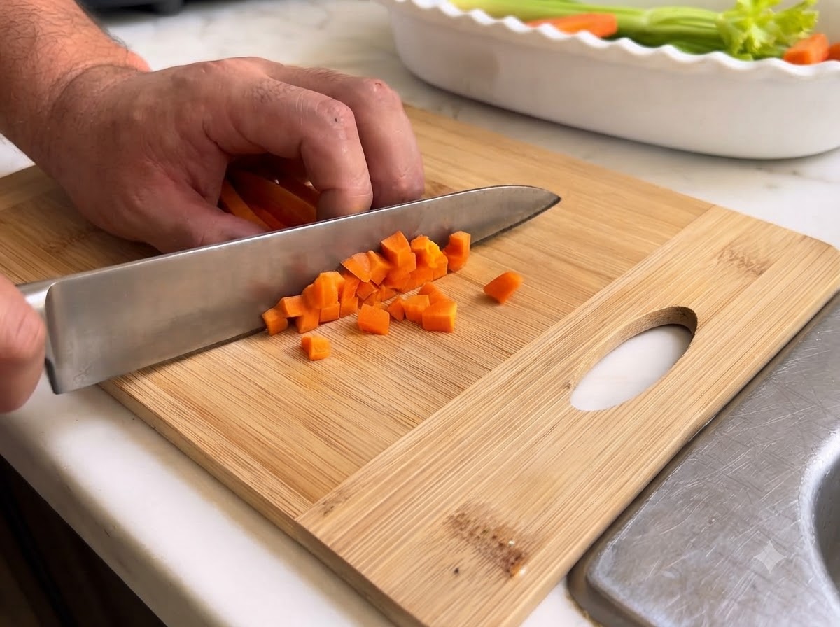 Carrots being neatly diced into small uniform cubes on a wooden cutting board.