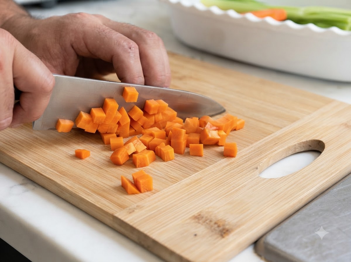 Celery stalks being diced into small pieces on a wooden board next to a bowl.