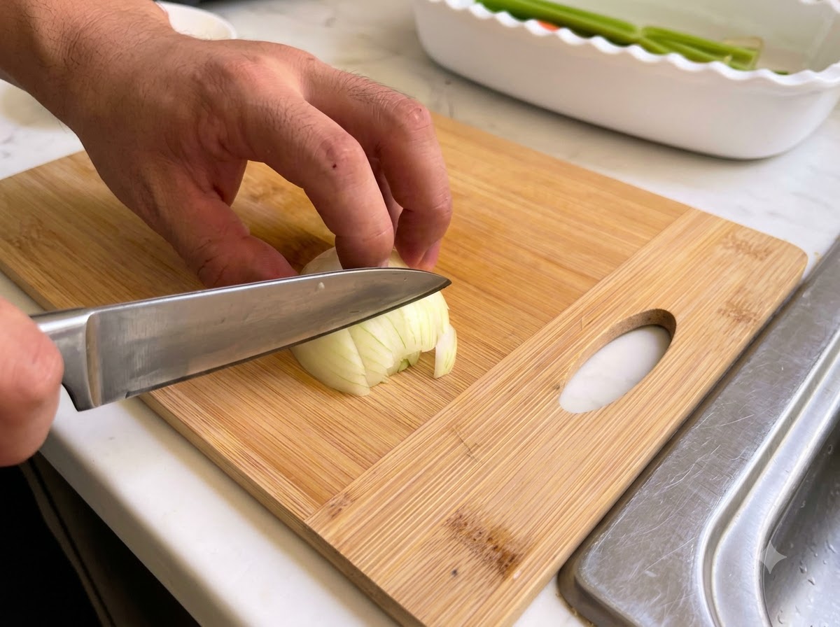An onion being sliced and diced carefully on a wooden cutting surface with a kitchen knife.