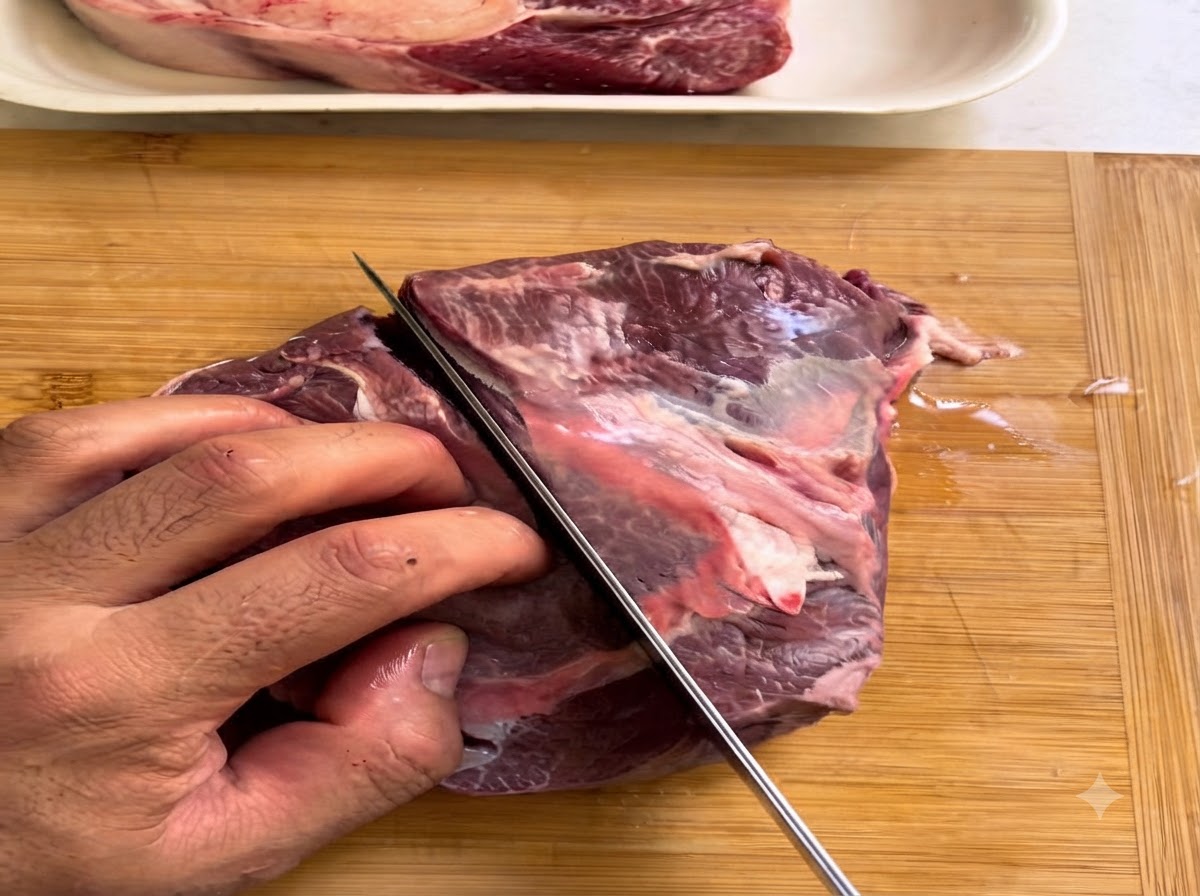 A large piece of raw beef cheek being sliced with a knife on a wooden board.