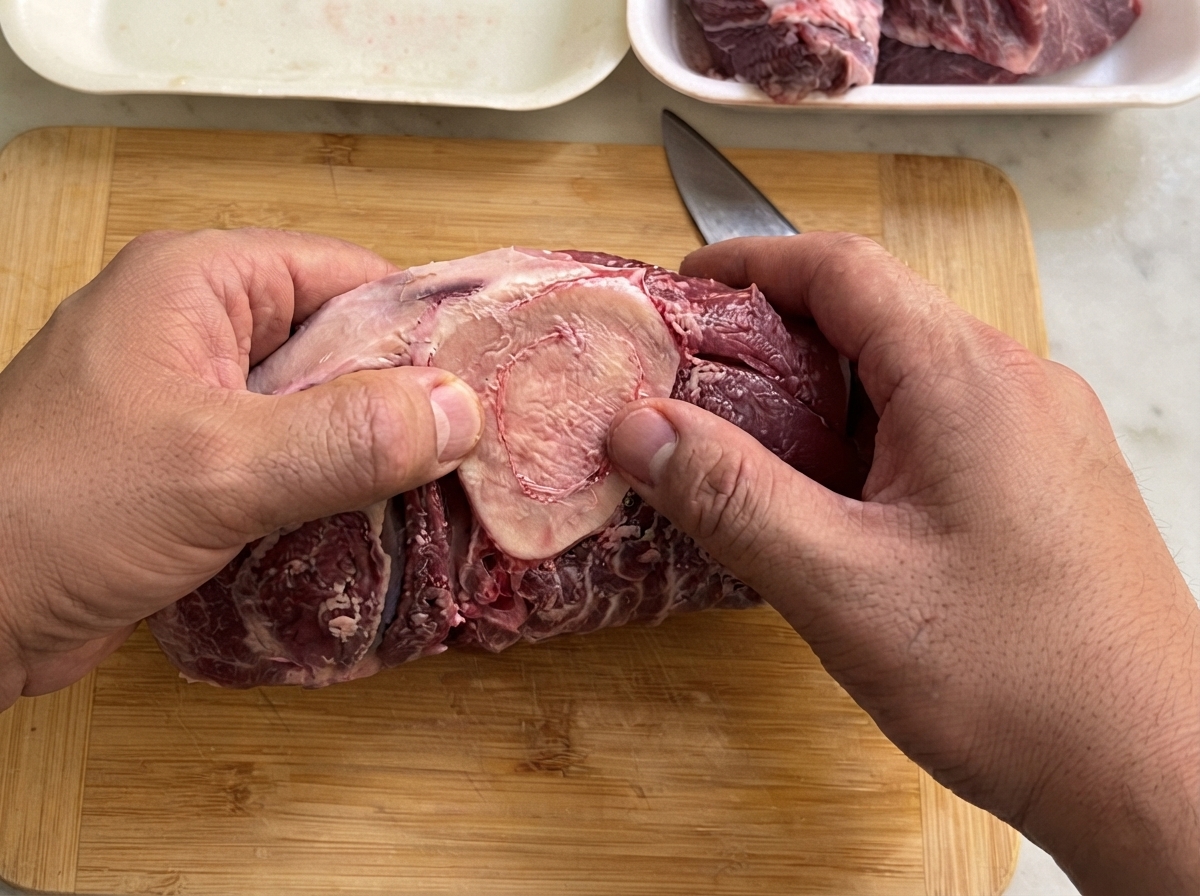 A thick cut of beef shank featuring a central bone marrow ring placed on a wooden board.