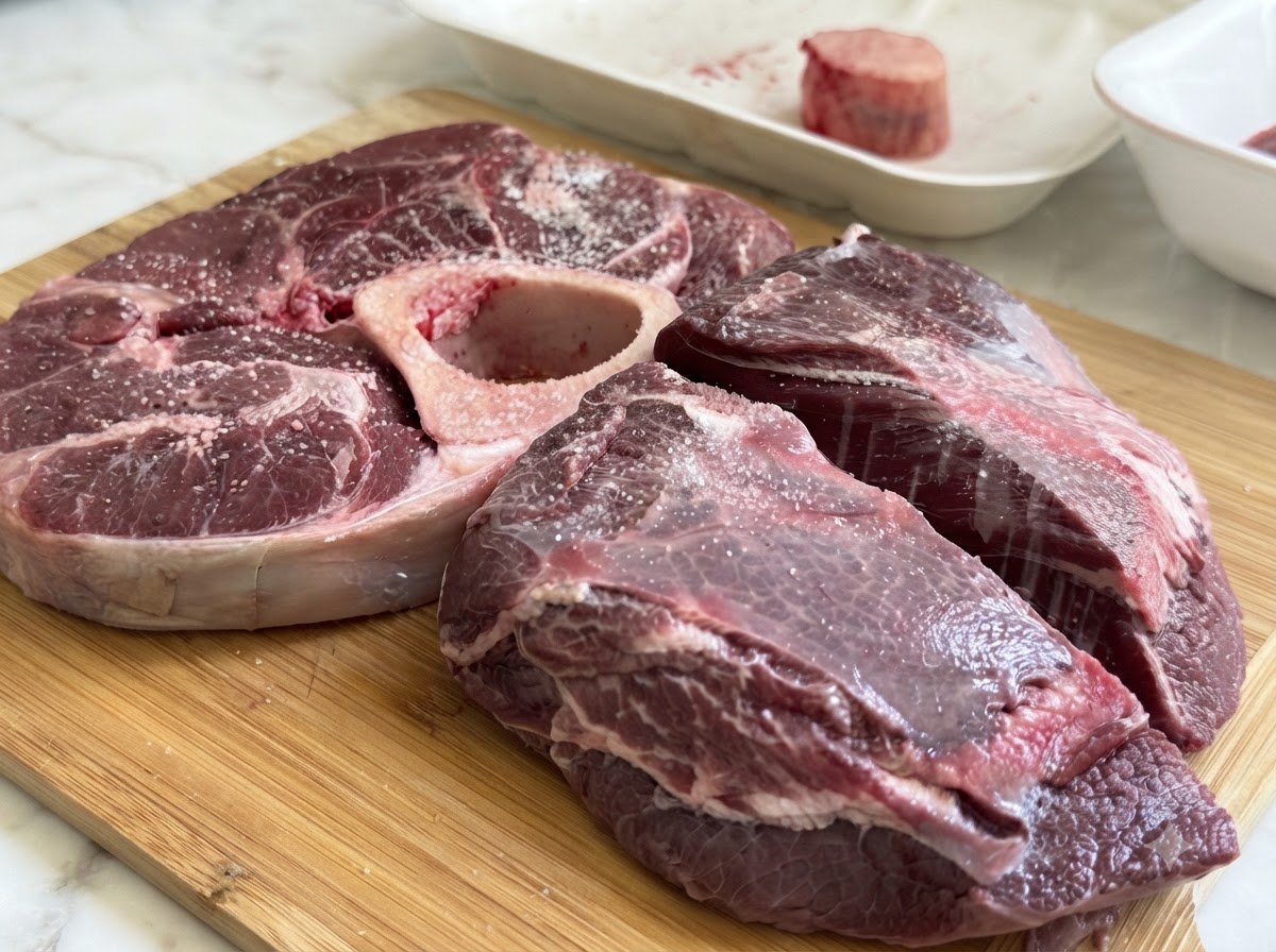 Raw beef cuts and bone marrow sprinkled evenly with coarse salt and pepper on a wooden cutting board.