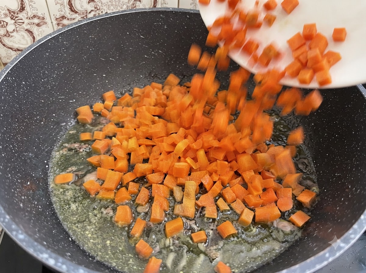 Diced carrots, celery, and onions being cooked in a pot with olive oil and bone marrow.