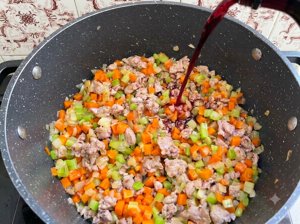 Red wine being poured from a bottle into a pot filled with vegetables and meat.