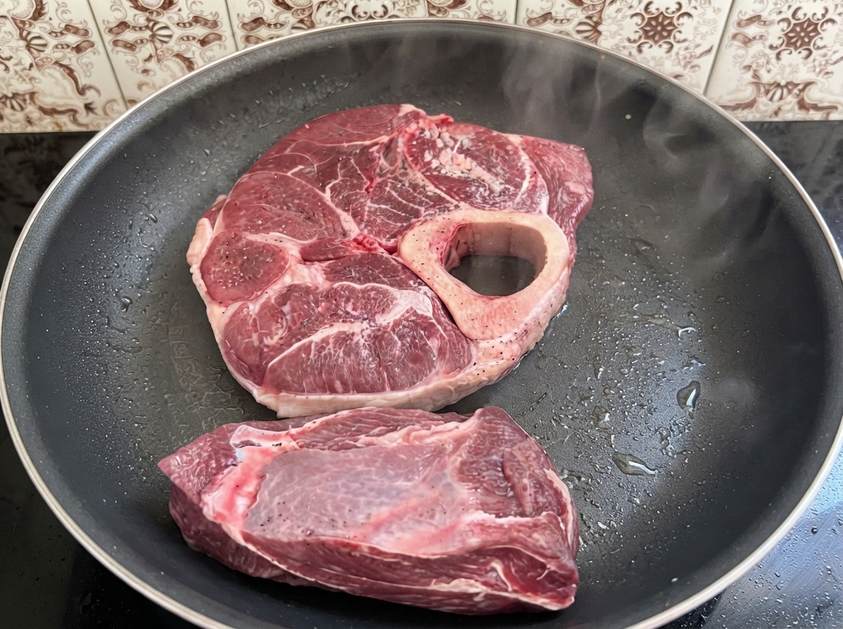 Seasoned beef cuts searing in a hot frying pan with visible steam.