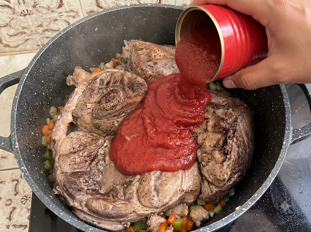 Tomato puree being poured from a red can into a large pot containing beef cuts and cooked vegetables.