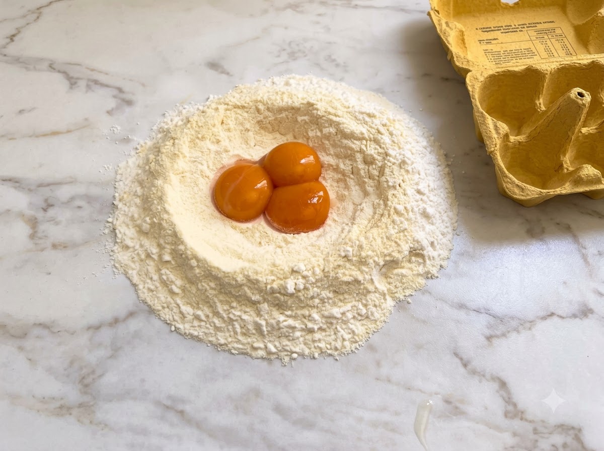 Fresh rich egg yolks resting inside a crater formed in a mound of flour on a white marble countertop.