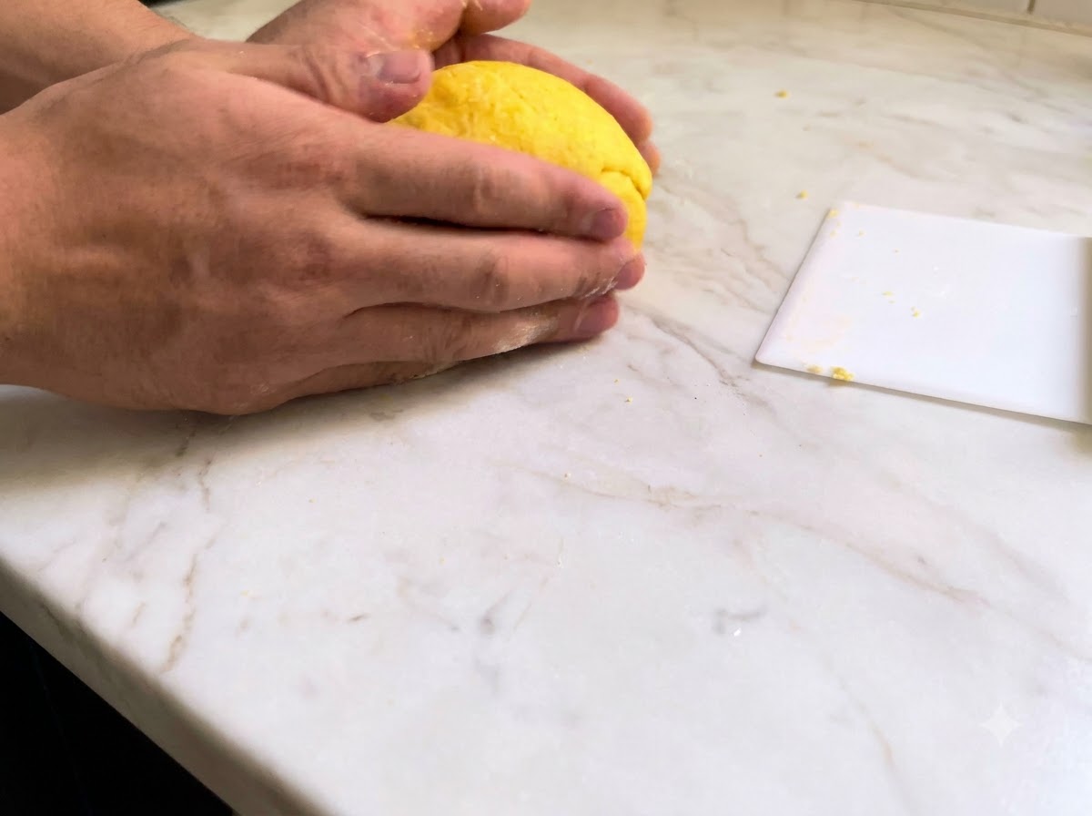 Hands firmly kneading a ball of vibrant yellow fresh pasta dough on a white marble surface.