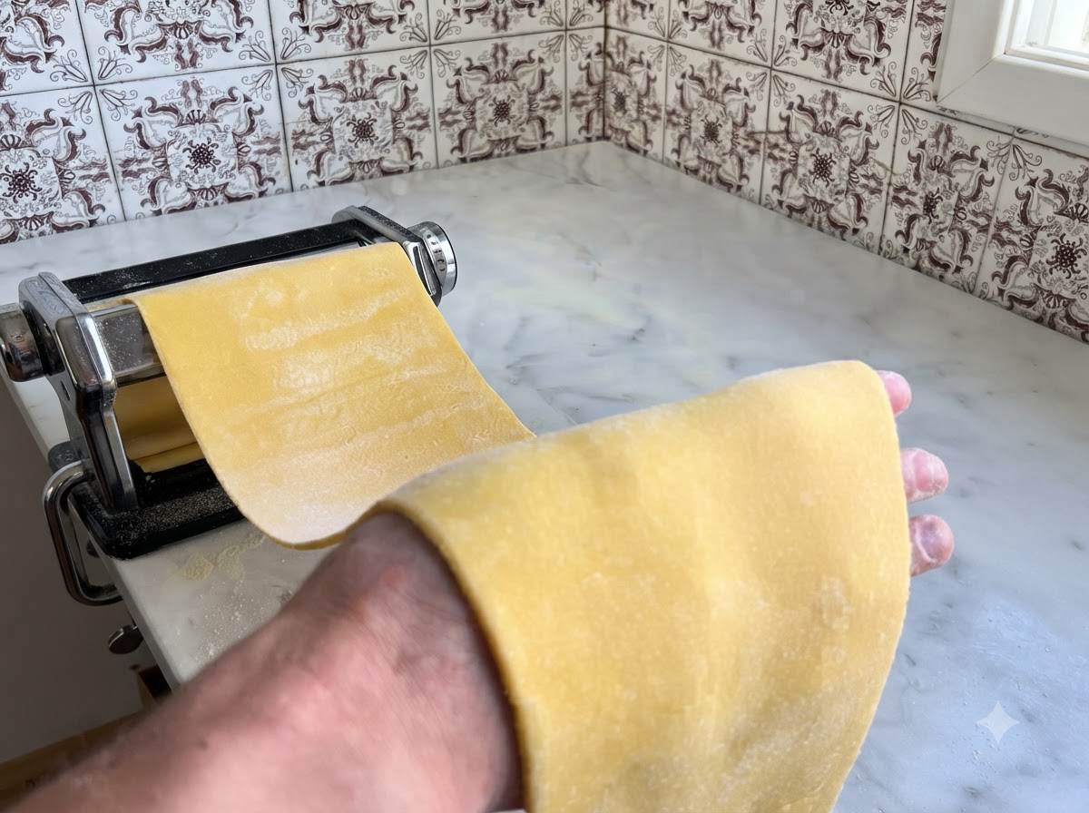 Pasta dough being rolled out flat using a pasta machine.