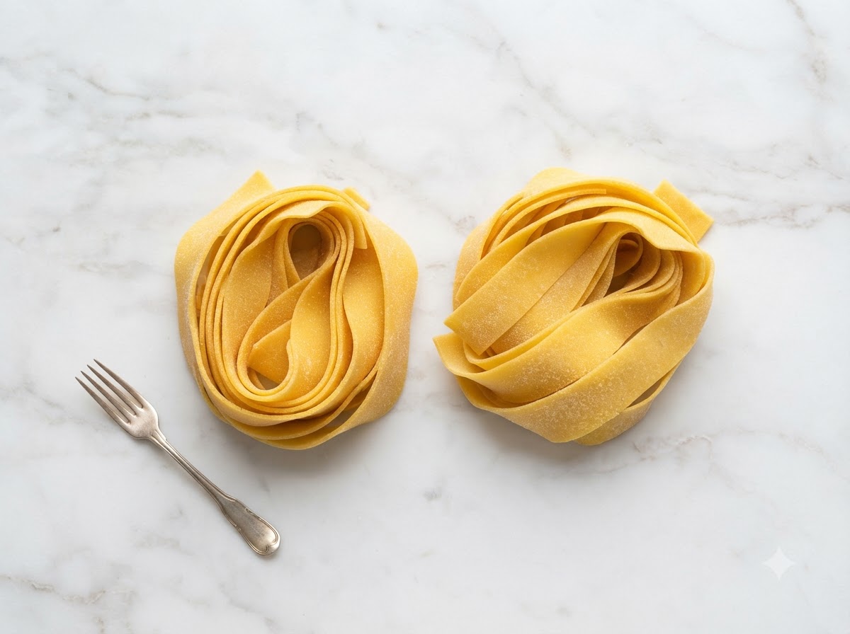 Fresh tagliatelle pasta being shaped and rolled into nests.