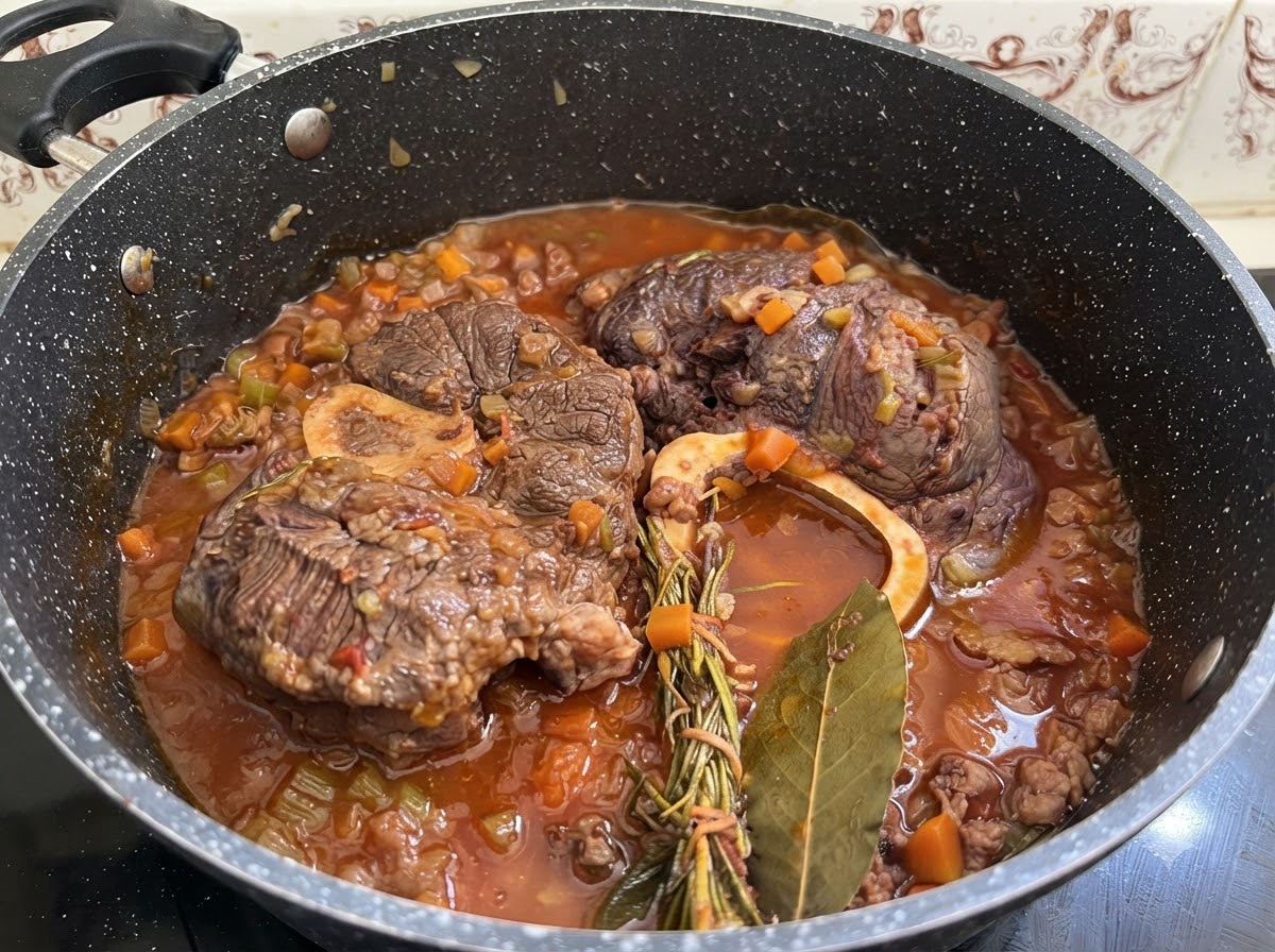 Cooked beef being taken out of the pot with a utensil to cool down.